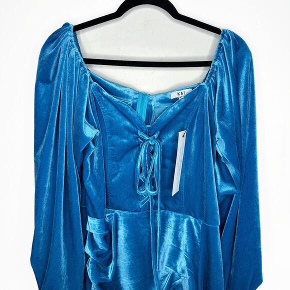 NWT KAI Collective Beebeeta Off Shoulder Turquoise Lace Up Velvet Mini Dress XL - Picture 4 of 16